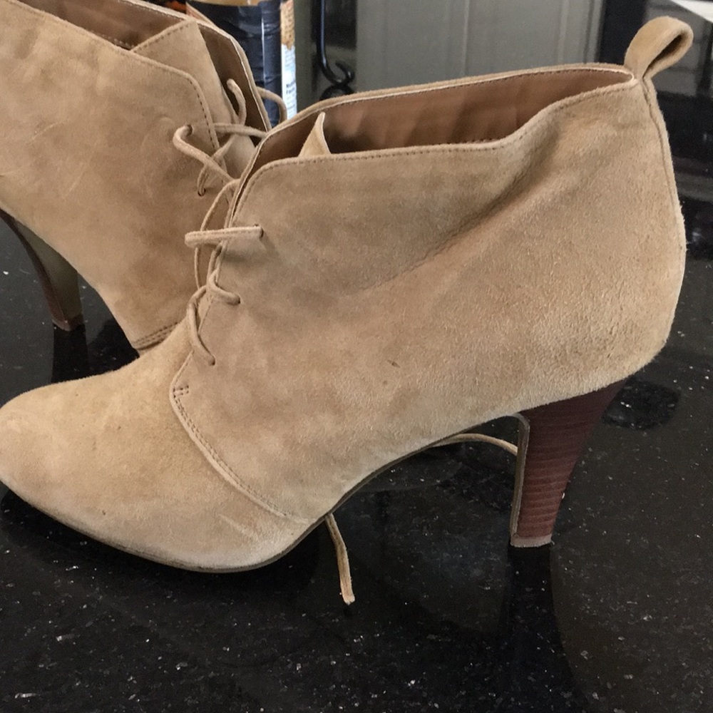 9 1/2 suede heeled booties in beige